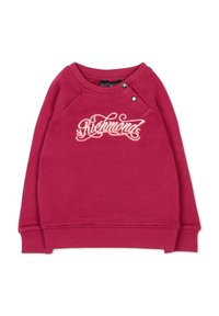 Bordowy sweatshirt z rękawami raglanowymi, z haftowanym w jasnoróżowym kolorze napisem "Richmond" i zapięciem na napy przy kołnierzu.
