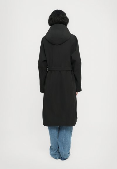 Black waterproof trench coat with a hood, cinched waist, and long sleeves. Smooth texture, knee-length, minimalistic design.