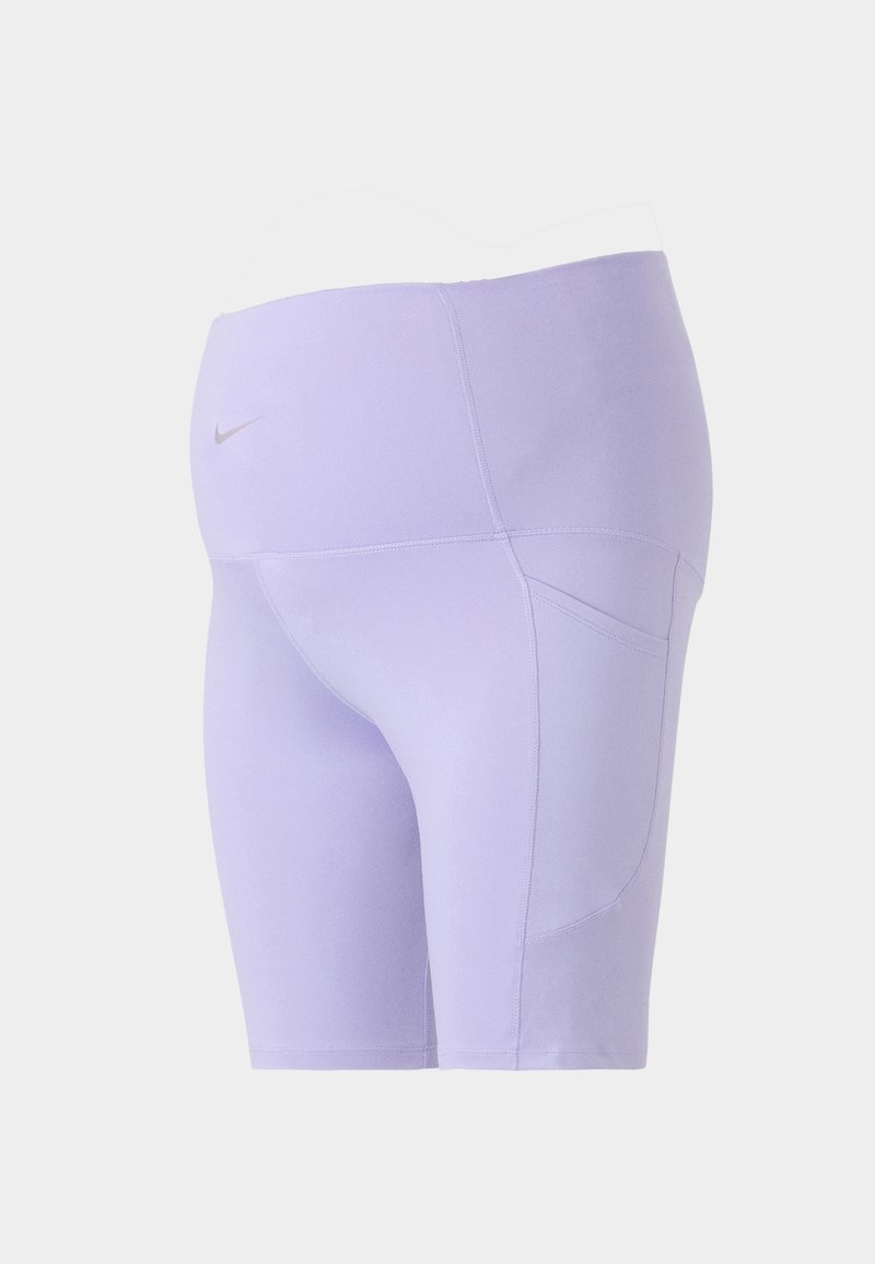Lilac athletic shorts made of stretchy fabric, featuring a fitted design, side pocket, and a small logo on the waistband.