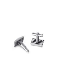 Silver-colored cufflinks featuring a rectangular shape with multiple horizontal slats, smooth surfaces, and rounded accents.