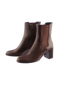 Brown leather ankle boots with a side zip, elastic panels, square heel, and smooth finish. Accent of brown suede on the side panels.