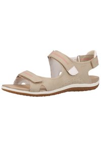 Sandalo in pelle beige con cinturini regolabili, lati perforati e suola ammortizzata. Presenta cuciture rosa e una suola in gomma bianca.