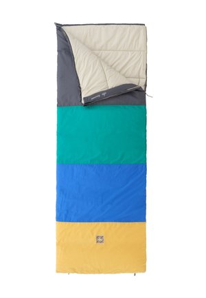 Rechthoekige slaapzak met een roomkleurige bovenkant, met daaronder blokken in teal, blauw en geel. Gemaakt van gladde stof met een rits aan de zijkant.