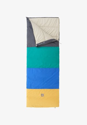 Rechthoekige slaapzak met een roomkleurige bovenkant, met daaronder blokken in teal, blauw en geel. Gemaakt van gladde stof met een rits aan de zijkant.