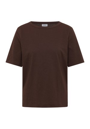 T-shirt marron à manches courtes et col rond avec un design simple et une étiquette "CECIL" au niveau du col.