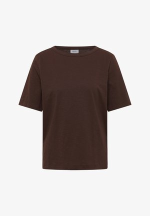 T-shirt marron à manches courtes et col rond avec un design simple et une étiquette "CECIL" au niveau du col.