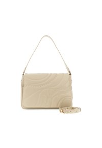 Beige skuldertaske med kviste bølgemønstre, små gyldne nagler, prægede bogstaver og en aftagelig justerbar rem med guldfarvet hardware.