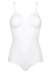 Bílý body z hladkého, pružného materiálu. Má podpůrný, strukturovaný design s nastavitelnými ramínky a jemnou žebrovanou texturou.