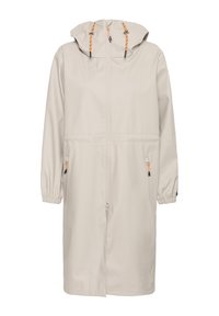 Béžový dlouhý plášť do deště s kapucí, předním zipem, elastickými manžetami a kapsami na zip s oranžovými přívěsky.
