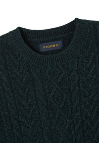 Dunkelgrüner, gestrickter Pullover mit Rundhalsausschnitt, versehen mit einem strukturierten Zopfmuster und einem blauen Etikett mit der gelben Aufschrift "PIOMBO".