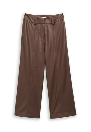 Pantaloni wide-leg in finta pelle marrone con vita alta, dotati di chiusura con zip, due tasche frontali e dettagli di cucitura puliti.