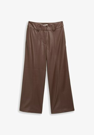 Pantalons large en simili cuir marron avec taille haute, dotés d'un zip, de deux poches avant et de coutures nettes.