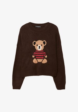 Maglione marrone lavorato a maglia con design corto. Presenta un orso ricamato che indossa una maglietta a righe rosse e nere. Polsini e orlo a coste.