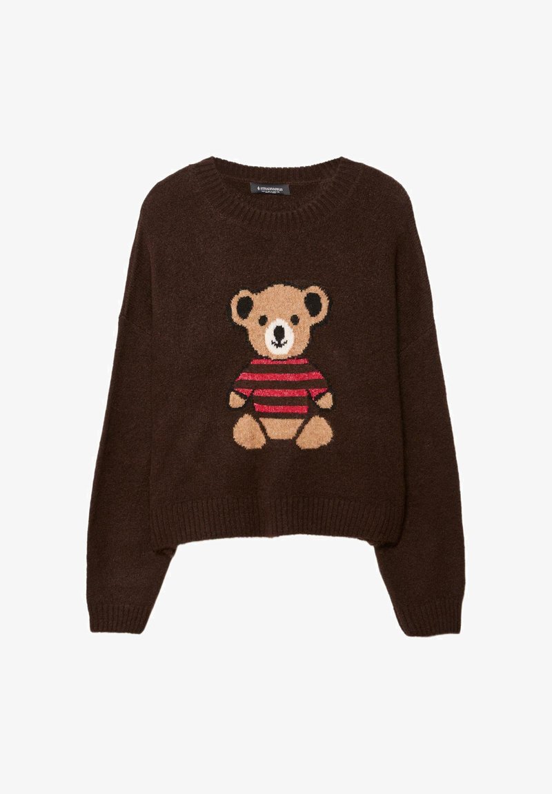 Hnedý pletený sveter s krátkym strihom. Na prednej strane výšivka medveďa v červeno-čiernom pruhovanom tričku. Rebrované manžety a lem.