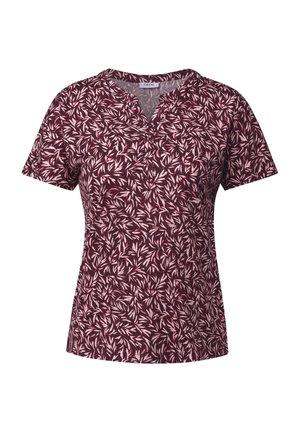 Kurzarmhemd inburgunderrot mit einem Blättermuster in Hellrosa. Verfügt über einen V-Ausschnitt und ein weiches, flexibles Gewebe mit einer entspannten Passform.