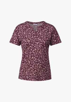 Chemise à manches courtes de couleur bourgogne avec un motif de feuilles rose clair. Dotée d'un décolleté en V et d'un tissu doux et flexible avec une coupe décontractée.