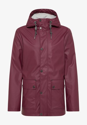 Bordeaux waterdichte jas met een capuchon, sluiting met knopen aan de voorkant, trekkoorden en twee voorzakken. Glad, glanzend oppervlak.