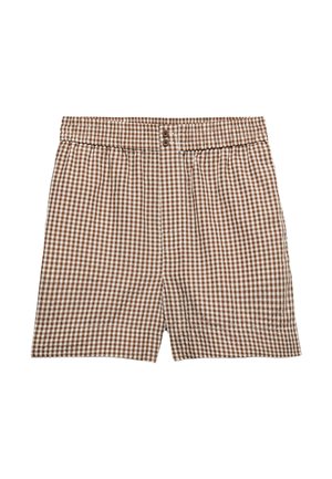 Braun-weiß karierte Shorts mit elastischem Bund und zwei Knöpfen an der vorderen Bundnaht.