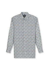 Langarm-Hemd mit Knopfleiste in Hellblau und Weiß mit filigranem Blumenmuster; Baumwollstoff, klassischer Kragen und normale Passform.