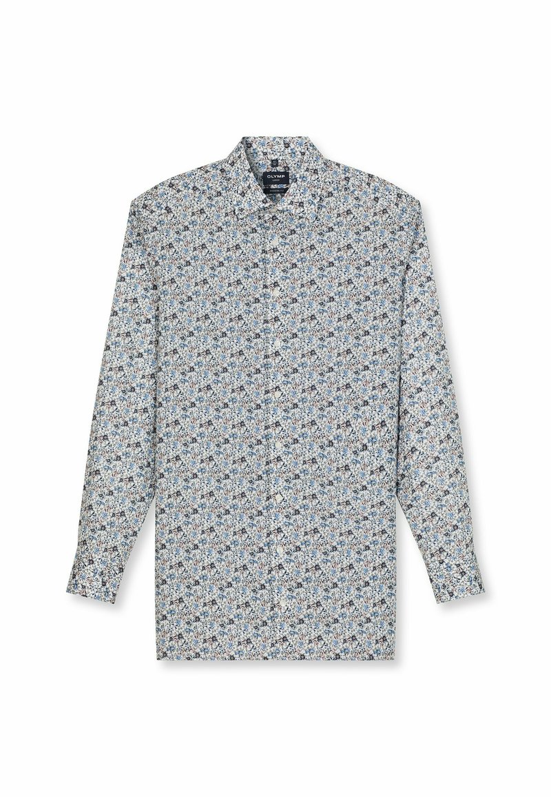 Langarm-Hemd mit Knopfleiste in Hellblau und Weiß mit filigranem Blumenmuster; Baumwollstoff, klassischer Kragen und normale Passform.