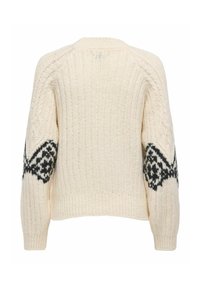 Crèmekleurige gebreide trui met een geribbelde structuur, voorzien van zwarte geometrische patronen op de mouwen en een ontwerp met een losse pasvorm.