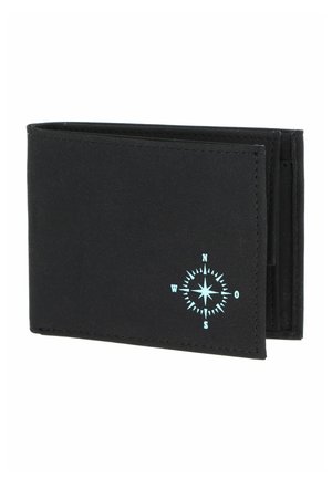 Portefeuille noir bifold avec un motif rose des vents bleu clair dans le coin inférieur droit avant.