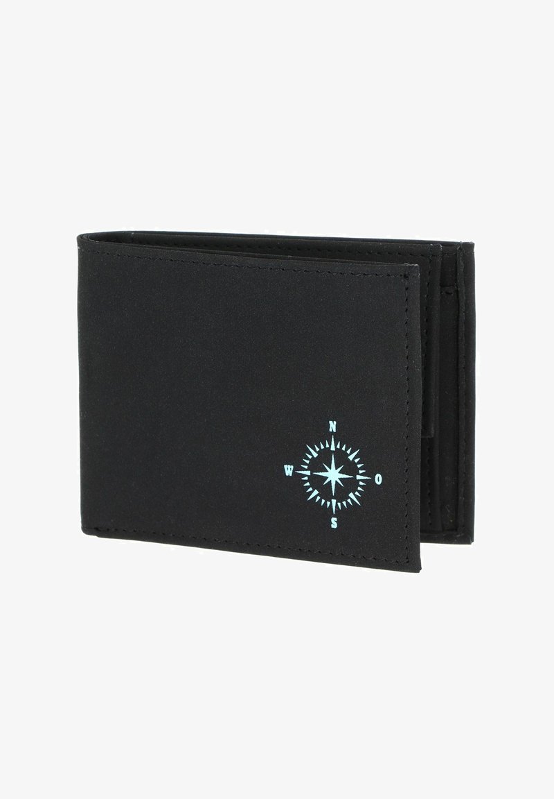 Portefeuille noir bifold avec un motif rose des vents bleu clair dans le coin inférieur droit avant.