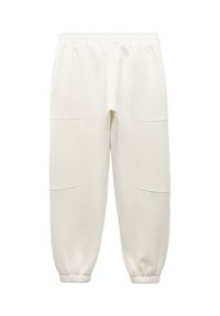 Witte joggingbroek met een elastische tailleband, taps toelopende manchetten en twee voorkruiden. Gemaakt van zachte stof met een gladde textuur.