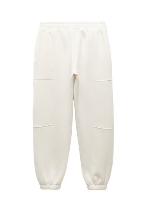 Pantalones de chándal blancos con cinturilla elástica, puños ajustados y dos bolsillos frontales. Fabricados en un tejido suave con una textura lisa.