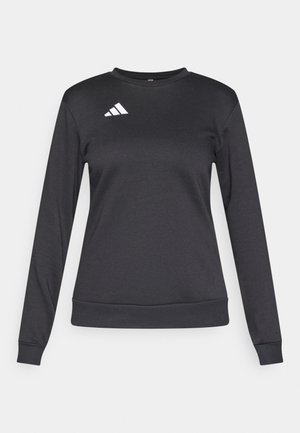 Sweat-shirt noir à manches longues en tissu lisse, doté d'un col rond, de poignets côtelés et d'un petit logo Adidas blanc sur la poitrine.