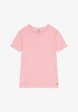 T-shirt rosa chiaro a maniche corte con righe orizzontali bianche. Presenta un collo rotondo e un piccolo logo sul lato inferiore destro.