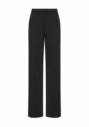Black wide-leg pants made of a smooth fabric, featuring a flat waistband and no visible pockets, providing a clean and minimalist design.