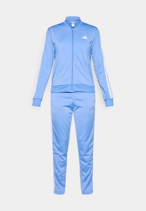 Light blue tracksuit made of smooth fabric, featuring a zip-up jacket with a stand collar and white side stripes. Pants match the jacket.