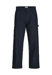 Pantaloni cargo blu navy realizzati in tessuto misto cotone, con gambe dritte, chiusura con bottone e tasche laterali.