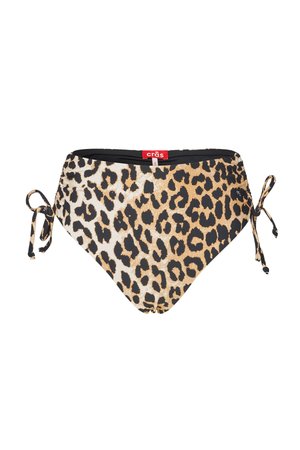 Slip bikini con stampa leopardata, laccetti laterali e un’etichetta rossa del marchio Crās al centro della vita.