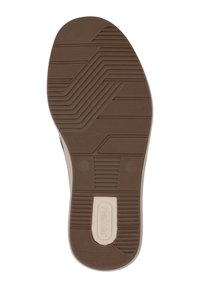 Bruine rubberen zool met gestructureerde patronen voor grip, voorzien van een gladde beige accent en gegraveerd merklogo. Maat 41 aangegeven.