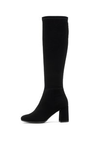 Knee-high black boots made of soft fabric with a block heel, featuring a streamlined design and curved top edge without decorative accents.