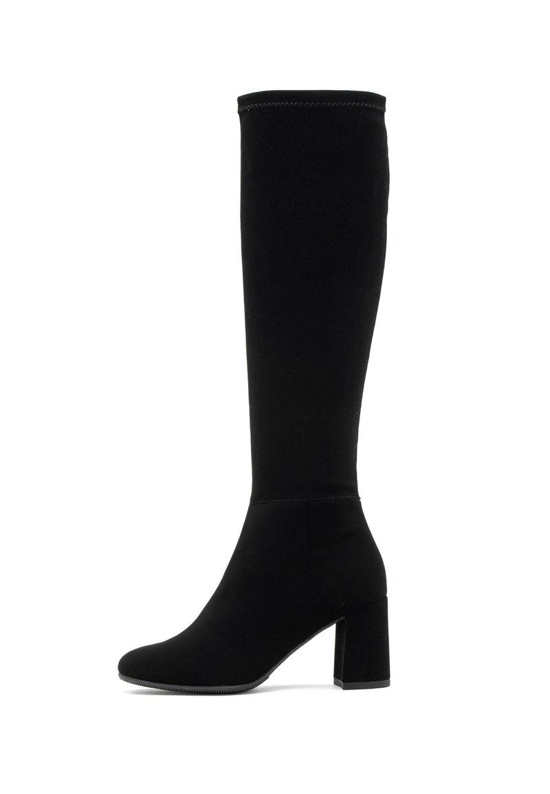 Knee-high black boots made of soft fabric with a block heel, featuring a streamlined design and curved top edge without decorative accents.