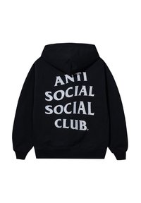 Czarna bluza z kapturem wykonana z bawełny, z dużym białym napisem "ANTI SOCIAL SOCIAL CLUB" z tyłu, o luźnym kroju i ribbowanymi mankietami.