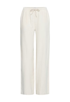Pantalon ample en lin beige avec taille élastique et cordon de serrage à l'avant, jambes droites, sans poches visibles ni ornements.