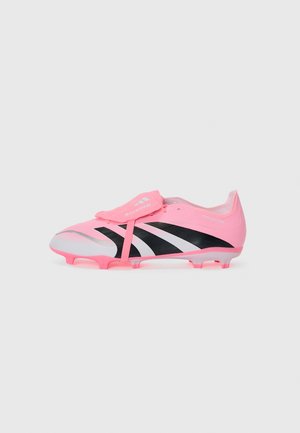 Pink soccer cleats with black stripes, sleek design, synthetic material, featuring a lace cover and textured accents, on a white background.