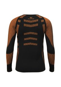 Long-sleeve performance shirt in black with orange accents. Features textured pattern and ergonomic fit, made from stretchable, moisture-wicking fabric.