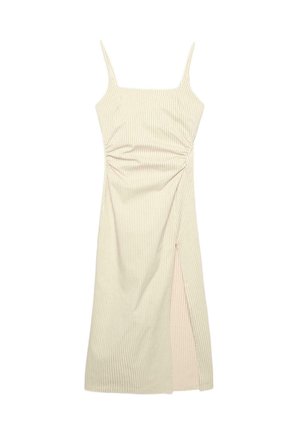 Midi-kjole i cremefarvet med tynde lodrette striber, spaghettistropper, sideslids og opsamlet detalje ved taljen.