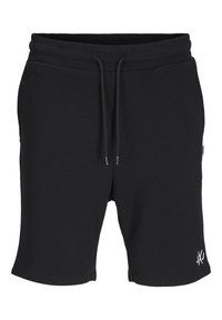 Schwarze Baumwollmischung-Shorts mit einem elastischen Bund, Kordelzugverschluss, seitlichen Taschen und einem kleinen weißen Logo am Unterschenkel.