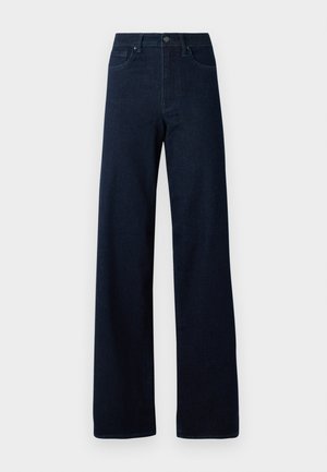Jean en denim bleu foncé avec une coupe droite, doté d'une fermeture à bouton, de cinq poches et de coutures discrètes. Texture lisse, sans motifs visibles.