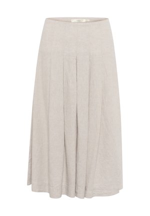 Gaišpelēka plīsētā svārki, izgatavoti no strukturēta auduma, ar augstu jostas vietu un plūstošu formu, paredzēti ērtai kustībai.