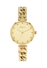 Goldfarbene Uhr mit rundem Ziffernblatt, strukturiertem Ziffernblatt und kleinen Stud-Stundenmarkierungen. Mit einem massiven Armband im Kettenlink-Stil.