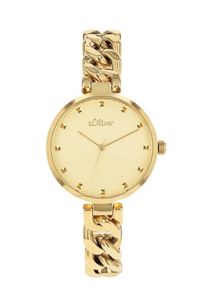 Gold-tone watch with a round face, textured dial, and small stud hour markers. Features a chunky chain-link bracelet style strap.