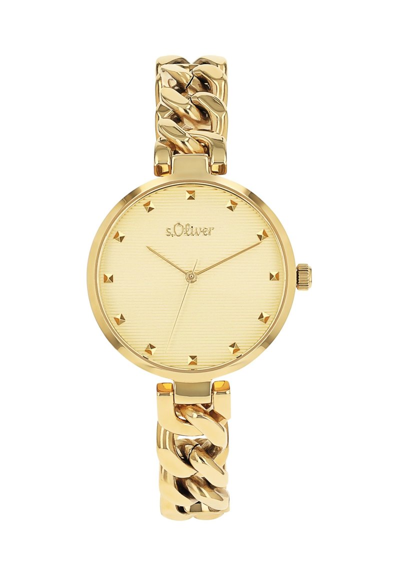 Goldfarbene Uhr mit rundem Ziffernblatt, strukturiertem Ziffernblatt und kleinen Stud-Stundenmarkierungen. Mit einem massiven Armband im Kettenlink-Stil.