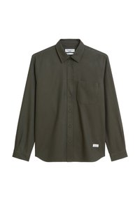 Camicia verde scuro con bottoni, maniche lunghe, taschino sul petto e orlo curvo. Realizzata in tessuto morbido, presenta un colletto classico.